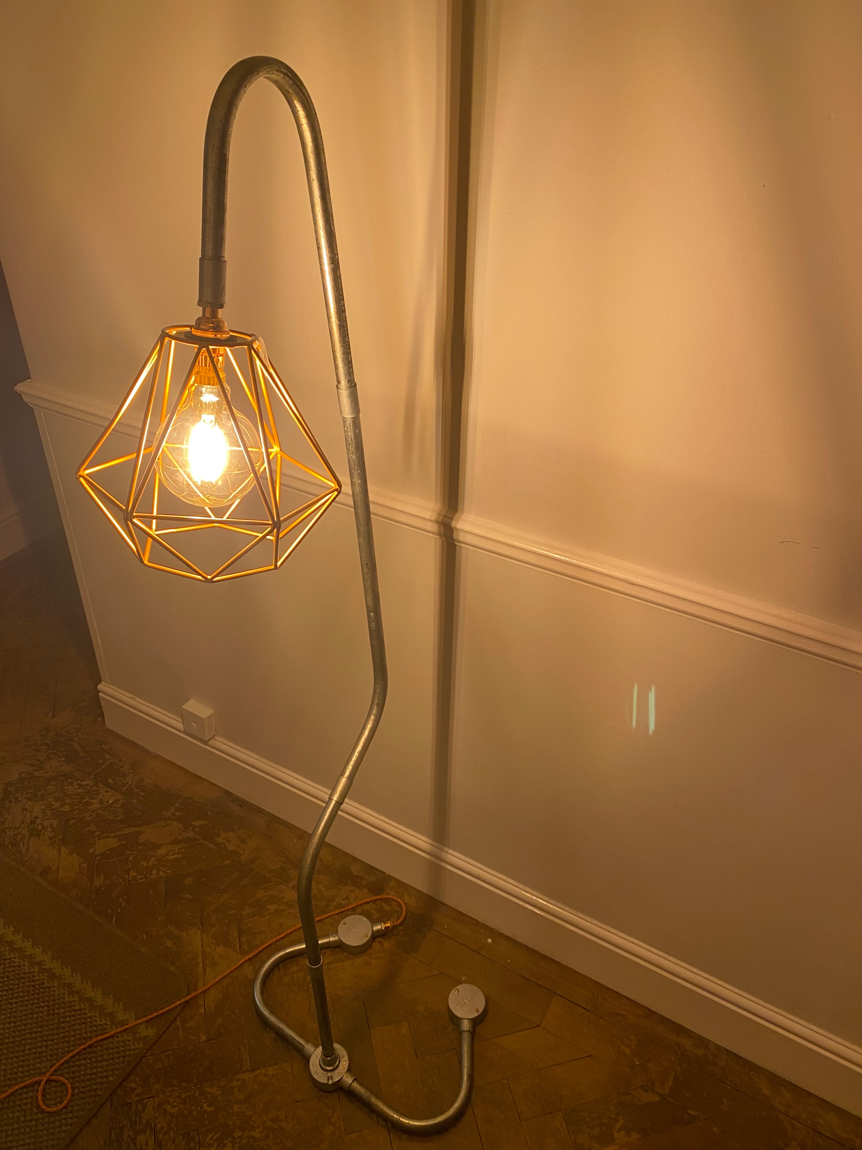 Geometric cage pendant light on conduit arm